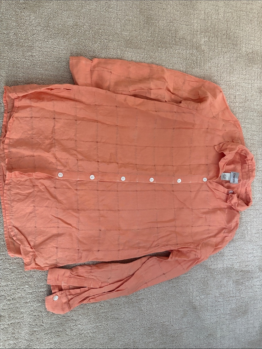 Chico's Coral Orange Lightweight Button-Down Shirt Womens Medium Linen Costal